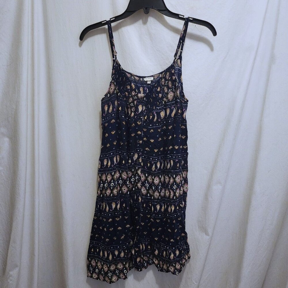 en creme Blue Paisley Diamond‎ Button Front Knee Length Boho Hippie Dress S